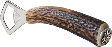 Bottle opener made of stag horn, with a handle made of genuine horn, traditional-style capsule opener, silver-plated decorative cap with edelweiss motif, ideal for traditional dress enthusiasts and hunters, as well as for a rustic home.