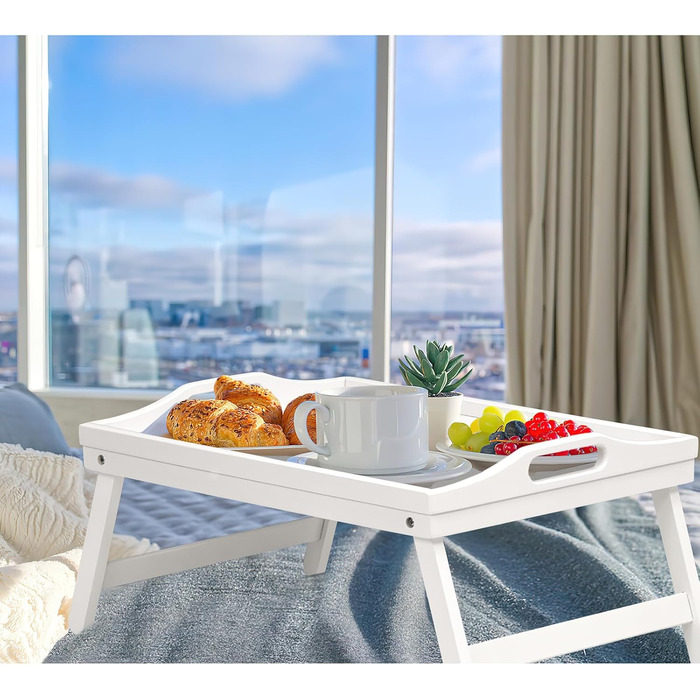 Набір з 2 столів-таць Mxbamhyc з бамбука: для сніданку, сервірування, з підставкою для телефону, білий