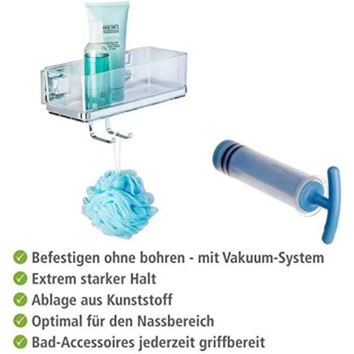 WENKO Vacuum-Loc Bathroom Wall Shelf Quadro with Hooks, 2 Tiers, with Removable Bowl, Mounting without Drilling, Stainless Steel/Plastic, 25.5 x 15 x 14 cm