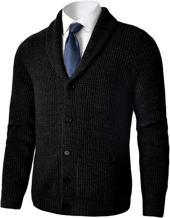 Чоловічий в'язаний кардиган з коміром-шарфом, рельєфний візерунок, ґудзикова застібка, мериносова вовна, 6XL, чорний