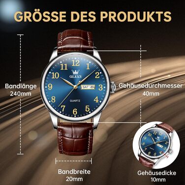 Чоловічий годинник OLEVS з нержавіючої сталі, кварцовий, аналоговий, класичний, бізнес-стиль, водонепроникний, з підсвічуванням, з датою, на шкіряному ремінці (A2 - синій циферблат/коричневий ремінь)