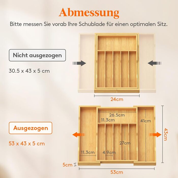 Органайзер для столових приборів Lifewit для шухляд 43 см, дерев'яний, розширюваний (31-53 см), бежевий