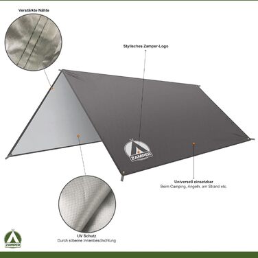 Тент Zamper Zelt-Plane 3x3м водонепроникний – сонцезахисний тент для кемпінгу, захист від сонця та UV-променів, для відпочинку на природі та на пляжі, колір зелений (кава/сірий)