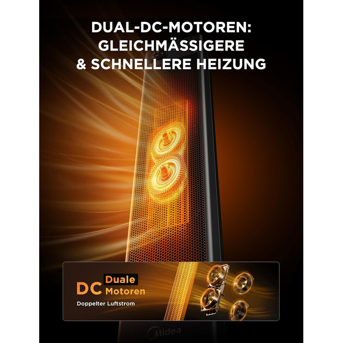 Електричний обігрівач Midea Ceramic 2000W з термостатом, 3 режими, таймер 24 год, захист від перегріву та перекидання, миттєве тепло для офісу та спальні (сірий, 76 см)