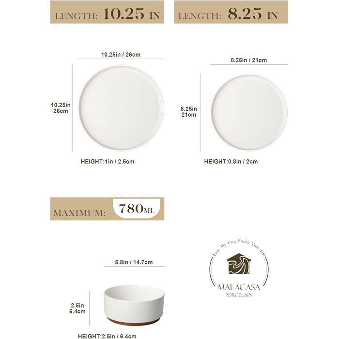 Набір посуду MALACASA з каменю (18 предметів) для 6 осіб, керамічний сервіз з глазур'ю 'сезам', білий з коричневим дном, набір тарілок та мисок