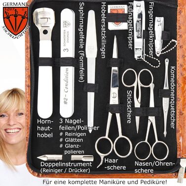 Набір для манікюру DREI SCHWERTER 'Varese' 23 шт. | Німецька якість, етикетка з кожним інструментом, чорний кейс з екошкіри | Манікюрний набір, ножиці, пінцет, ножиці для волосся, кусачки та багато іншого | Колір: Cognac