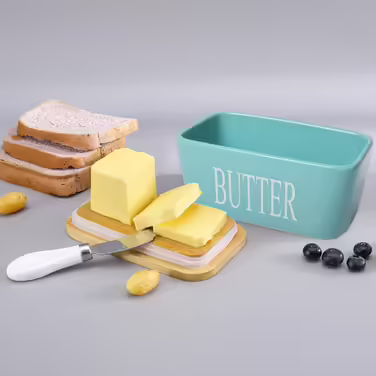 Porcelain butter dishes with lid, airtight silicone butter box, butter container for butter, nuts, cheese, sky blue + butter spreader