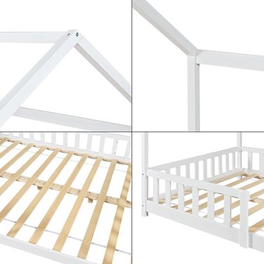 en.casa Kids Bed Hesel House Bed White 90 x 200 cm with Side Rails and Slatted Base, Floor Bed, Youth Bed, Wooden Bed