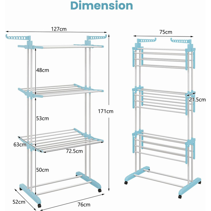 Стійка для сушіння білизни HOMASIS з 4 рівнями, розкладна, з колесами та бічними крилами, 127x63x171см, блакитна, вантажопідйомність 30 кг