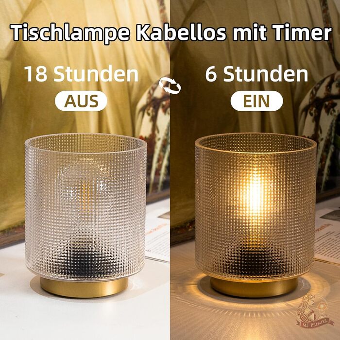 Бездротова настільна лампа з таймером, вінтажний дизайн, скло, LED, для дому та вулиці, сірий колір, розмір L