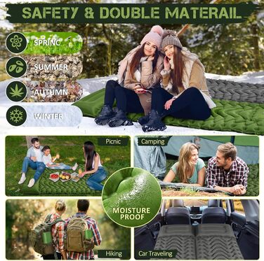 Self-Inflating Camping Mat with Integrated Support Belt - Durable & Moisture-Resistant Travel Pad for Camping, Indoor/Outdoor Use, Hiking (196x130x9cm)