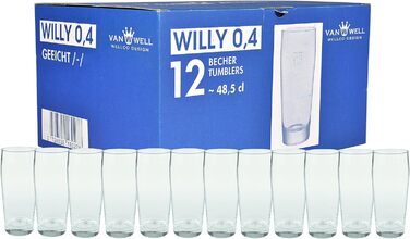 Набір пивних келихів Van Well Willibecher 0,4л (12 шт) - Преміум склянки для пива 0,4л, міцні, для мийки в посудомийній машині, градуйовані, професійна якість для бару та дому