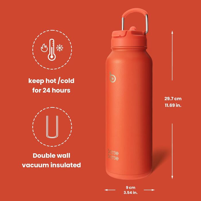 BOTTLE BOTTLE Insulated Water Bottle with Straw, Sports Stainless Steel Water Bottle with Handle Lid, Outdoor Sports Bottle for Pills, 1L (White) (Orangered)