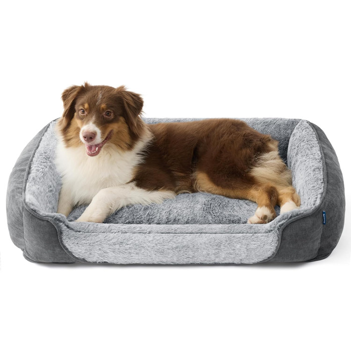 Ліжко для собак Bedsure великих порід – 89x63x17 см, зручне собаче ліжко з м'якою підстилкою, знімний та пральний чохол, антиковзаюча підкладка, сіре, L 89 x 63 x 17 см