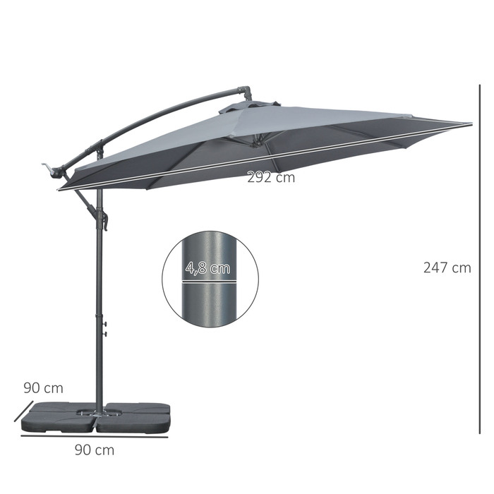 Outsunny Patio Umbrella Ø2.92 m with Hand Crank, Garden Umbrella including Weights & Canopy Cover, Steel Cross Base, Oxford Dark Grey