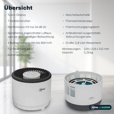 Зволожувач повітря ALB300 – тихий, для спальні та дитячої кімнати до 44 м², холодним випаровуванням, з антибактеріальним фільтром, авторежим з датчиком, нічник, бак 2,8 л, енергозберігаючий