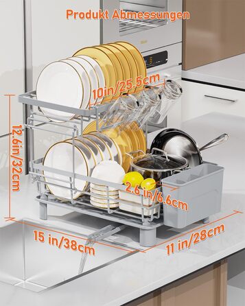 LIONONLY Dish Drying Rack, Small 2-Tier Dish Rack with Drip Tray, Stainless Steel Dish Drying Rack with Utensil Holder, Drink Holder and Swivel Spout, Dish Drying Stand Kitchen