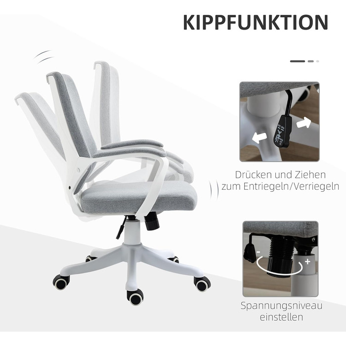Офісний стіл Vinsetto: ергономічний крісло з підлокітниками, регульованою висотою та функцією гойдання, з тканини під льон, з м'яким сидінням, сірий та білий