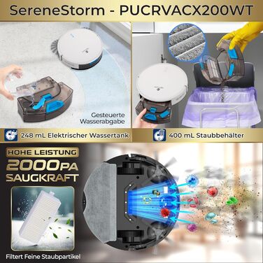 Робот-пилосос SereneLife з функцією миття підлоги, 3-в-1, керування через додаток, ідеальний для шерсті тварин та килимів (3000Pa)