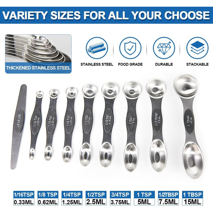 14-Piece Measuring Cup and Magnetic Measuring Spoon Set, Stainless Steel, 5 Measuring Cups with Silicone Handles, 8 Double-Sided Magnetic Measuring Spoons, and 1 Leveler (no duplicate specifications), Black