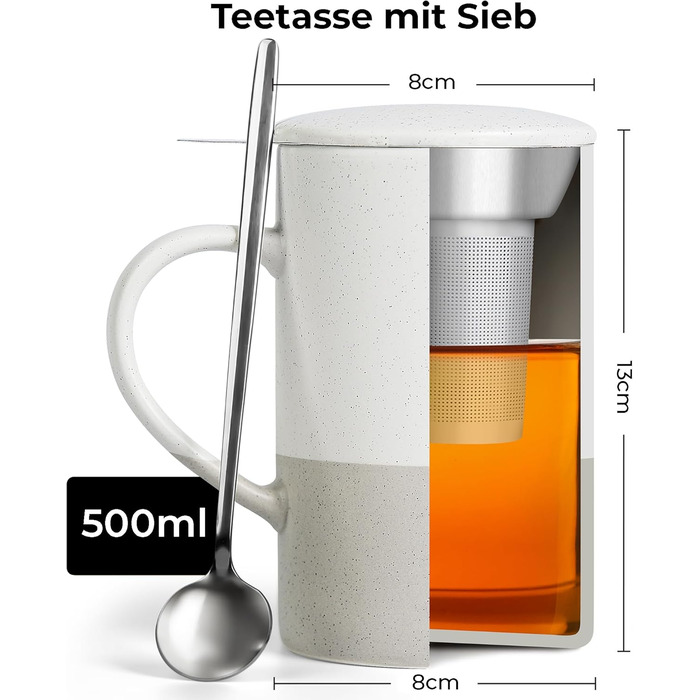 Набір чайних чашок Miamio 2 x 500 мл з кришкою та ситом, з чайним ситечком та ложкою, для заварювання листового чаю, подарунок для жінок, сумісний з мікрохвильовою піччю та посудомийною машиною (сірий)