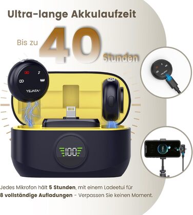 Мікрофон 2-в-1 для iPhone та Android з шумозаглушенням, кейс на 40 годин, магнітна застібка та кріплення для інтерв'ю, жовтий, 25 метрів