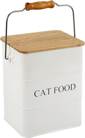Металева коробка для котячого корму Geyecete з дерев'яним кришкою, 6L, білий колір