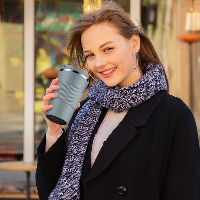 Термокружка CS COSDDI з нержавіючої сталі, 380 мл, для кави, води та чаю, з кришкою, для подорожей та авто, сірий колір