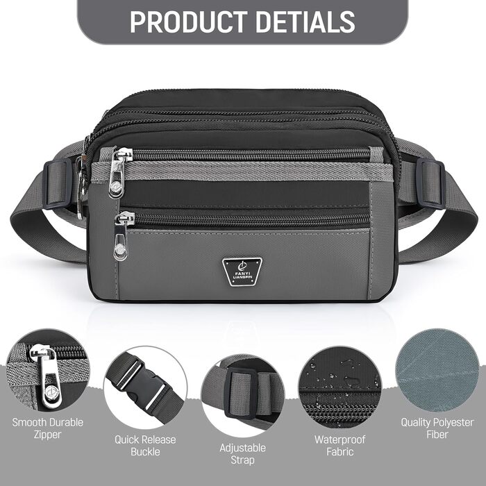 Чоловіча/Жіноча Поясна Сумка-Шейкер з 7 Кишенями для Спорту, Фітнесу, Бігу, Велосипеда, Подорожей, Чорна