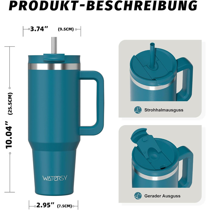 Термокружка WATERSY 1.2L з 2 трубочками, витокозахисний келих для кави To Go, вакуумна ізоляція, без BPA, ретро-зелений (1183 мл, Лагуна)