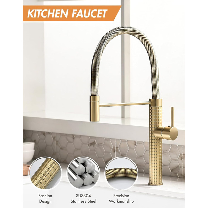 Кухонний змішувач TIMACO висувний, поворотний на 360°, золото. Змішувач для кухні, одноручний, для мийки.