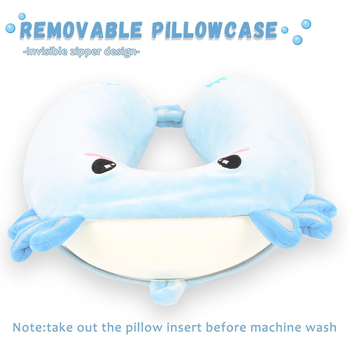 Дитяча подушка для подорожей з маскою для сну, м'яка подушка для шиї з Memory Foam, для дітей, хлопчиків та дівчаток, підлітків, аксесуари для подорожей (Блакитний Аксолотл)