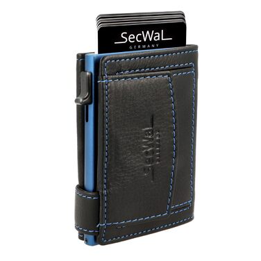 Шкіряний картхолдер SecWal з монетницею та RFID захистом, міні-гаманець з кнопкою в подарунковій коробці, чорно-синій (Made in Germany)