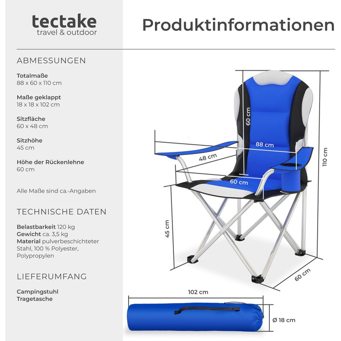 Складний стілець для кемпінгу та відпочинку Tectake® з підстаканником, сірий (1 шт.)