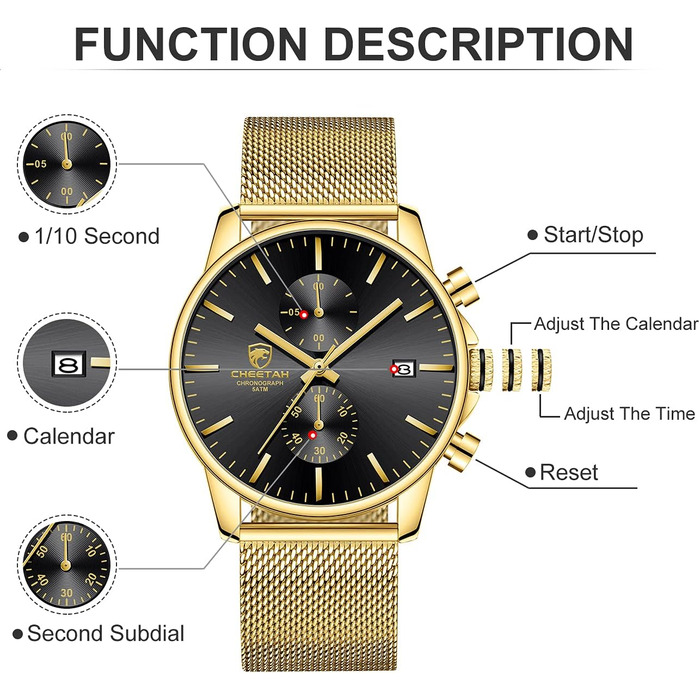 Чоловічий годинник на браслеті Mesh, кварцовий, спортивний, Chronograph, з датою, водонепроникний, чорний, нержавіюча сталь, Gold-Gold-Schwarz