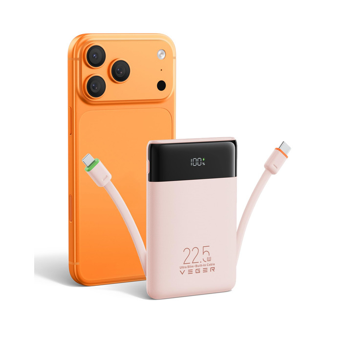 Повербанк VEGER 10000mAh 22.5W з вбудованим кабелем USB-C, рожевий