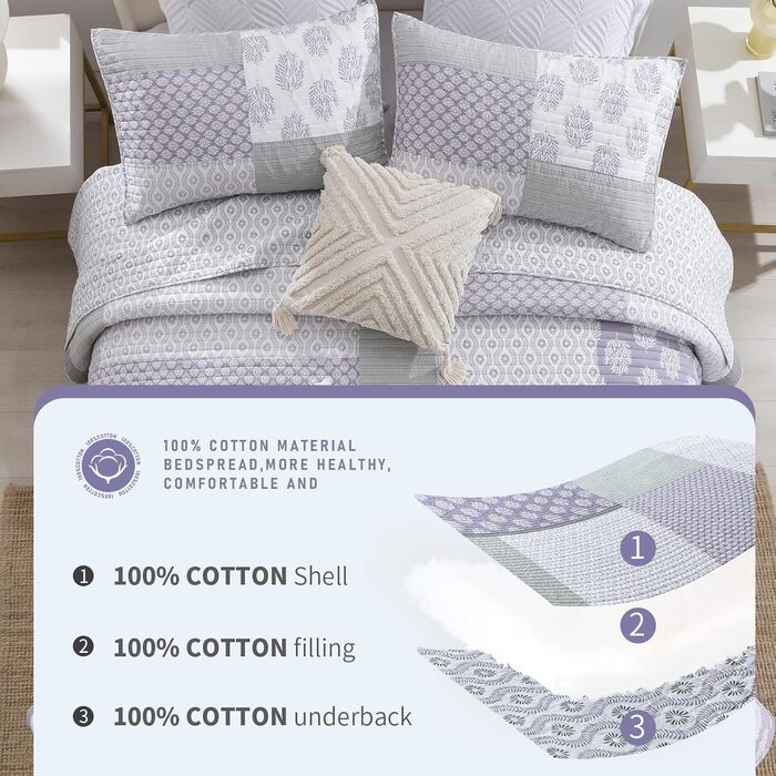 Комплект постільної білизни Finlonte Quilt Twin (1.5) з бавовни, блакитно-сіро-білий, легкий, двосторонній, для всіх сезонів, 2-х частинний (178x218 см)