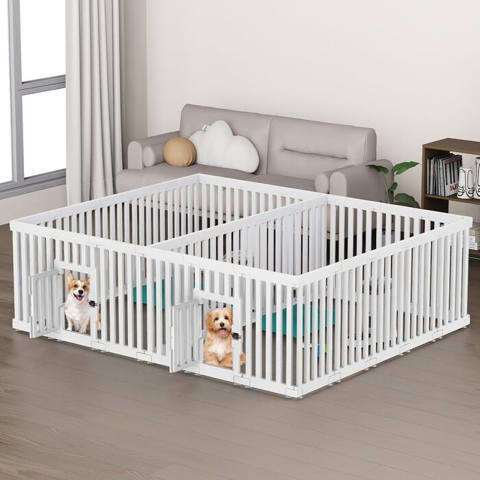 Клітка для цуценят Indoor 65 см, пластикове огородження з неслизькими присосками, вольєр для маленьких собак, 18 панелей (200 x 168 x 65 см), з двома секціями