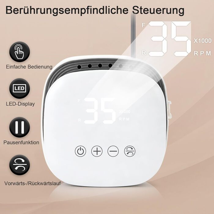 Електричний фрезер для нігтів Nagelfräser 35000 об/хв з LED дисплеєм, 35W, для манікюру та педикюру, білий