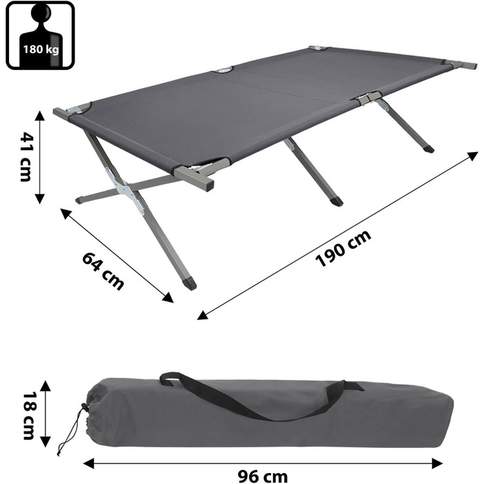 Розкладне ліжко BB Sport для кемпінгу та відпочинку: сталевий каркас, 190x64x41 см, 180 кг, тканина Oxford 600D, сірий колір