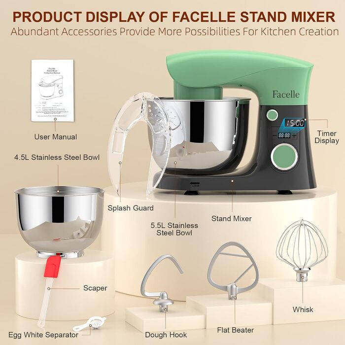 Кухонна машина/міксер Facelle 1500W з 5.5L та 4.5L чашами, 10+ програм, тиха робота, з набором насадок (зелено-сірий)