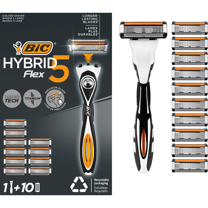 Чоловіча бритва BIC Hybrid 5 Flex, набір з 10 змінних касет по 5 лез, з алое вера та вітаміном E, з тримером для точного гоління