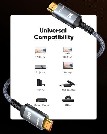 HDMI кабель Highwings 8K 3 метри, HDMI 2.1, 48Gbps, Ultra Highspeed, 8K@60Hz, 4K@120Hz, HDR10, eARC, DTS:X, 3D, HDCP 2.2/2.3, сумісний з PS5/PS4/PS3, HDTV, Blu-ray Player