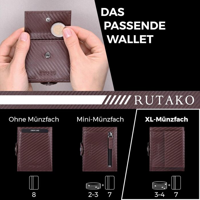 RUTAKO Slim Wallet with XL Coin Pocket & RFID Protection - Card Holder for Men & Women - Small Credit Card Wallet - Mini Purse - Small Portmonee/Portemonnaie - Wallet Carbon Brown