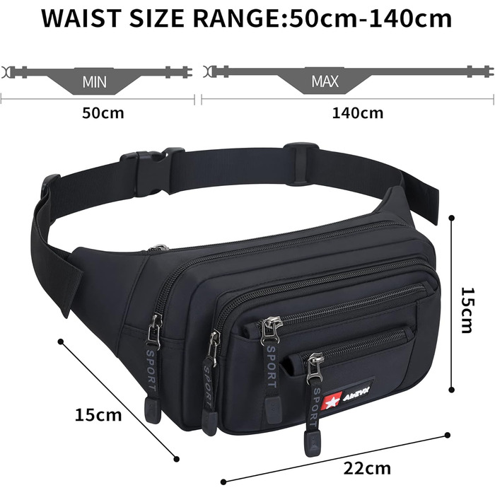 Водонепроникна поясна сумка-бананка для чоловіків та жінок. Чорна, з блискавкою, для подорожей, піших прогулянок та активного відпочинку на природі.