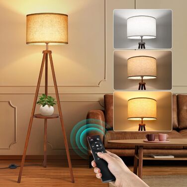LED торшер Outon з регулюванням яскравості, тринога, дерево, з полицею, пульт, 4 колірні температури, таймер 1 год, бежевий абажур для вітальні, спальні, офісу (коричневий)