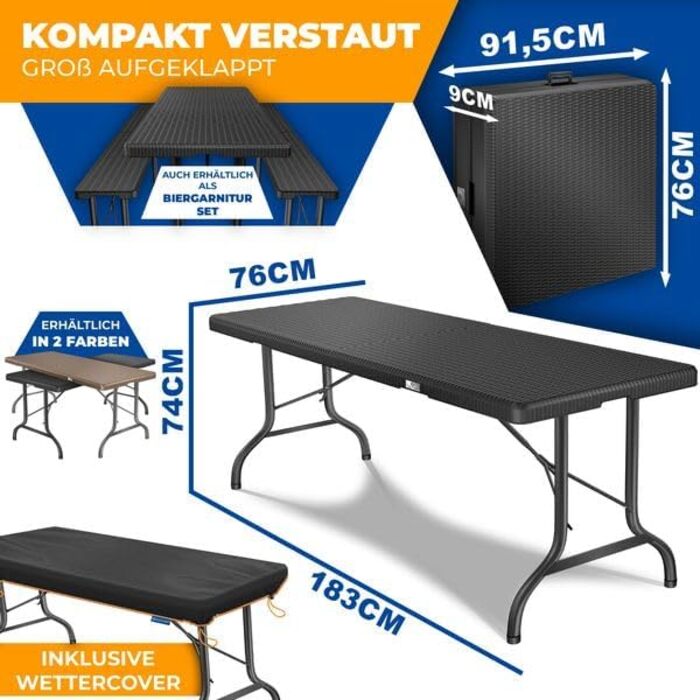 Стіл KESSER® для пікніка, розкладний, пластиковий, 183x76 см, ротанг, 6 осіб, для саду, тераси, балкону, з ручкою, антрацит