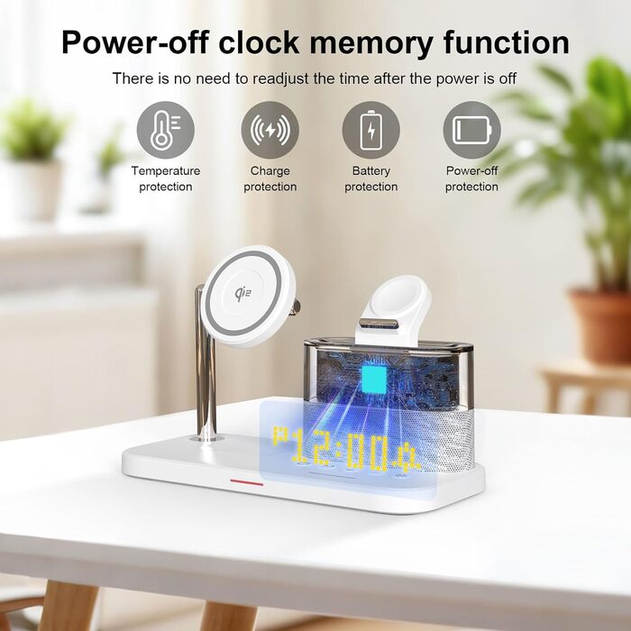 5-в-1 Бездротова зарядна станція з годинником та нічником для iPhone 17/16/15/14/13/12 Pro Max, Apple Watch, AirPods - 33W адаптер, білий