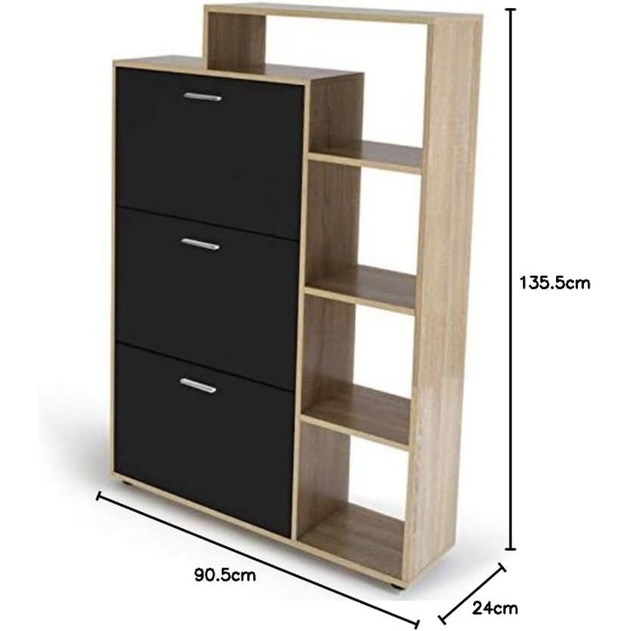 Shoe cabinet KLARK for 18 pairs, beechwood imitation finish, 3 black doors with shelf
