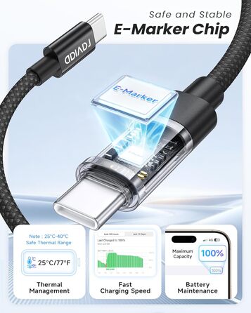 Кабель USB-C RAVIAD: Швидка зарядка PD3.1, 240W, 2м, нейлон, чорний. Сумісний з iPhone, Galaxy, Pixel, iPad, MacBookAir